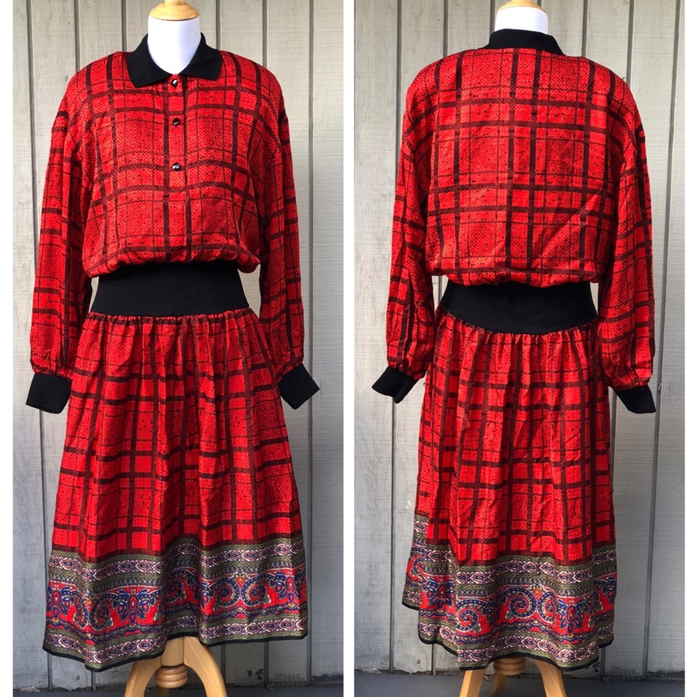 Vintage Julie Francis Silk Red Plaid Aztec Border Print Maxi Dress size 16